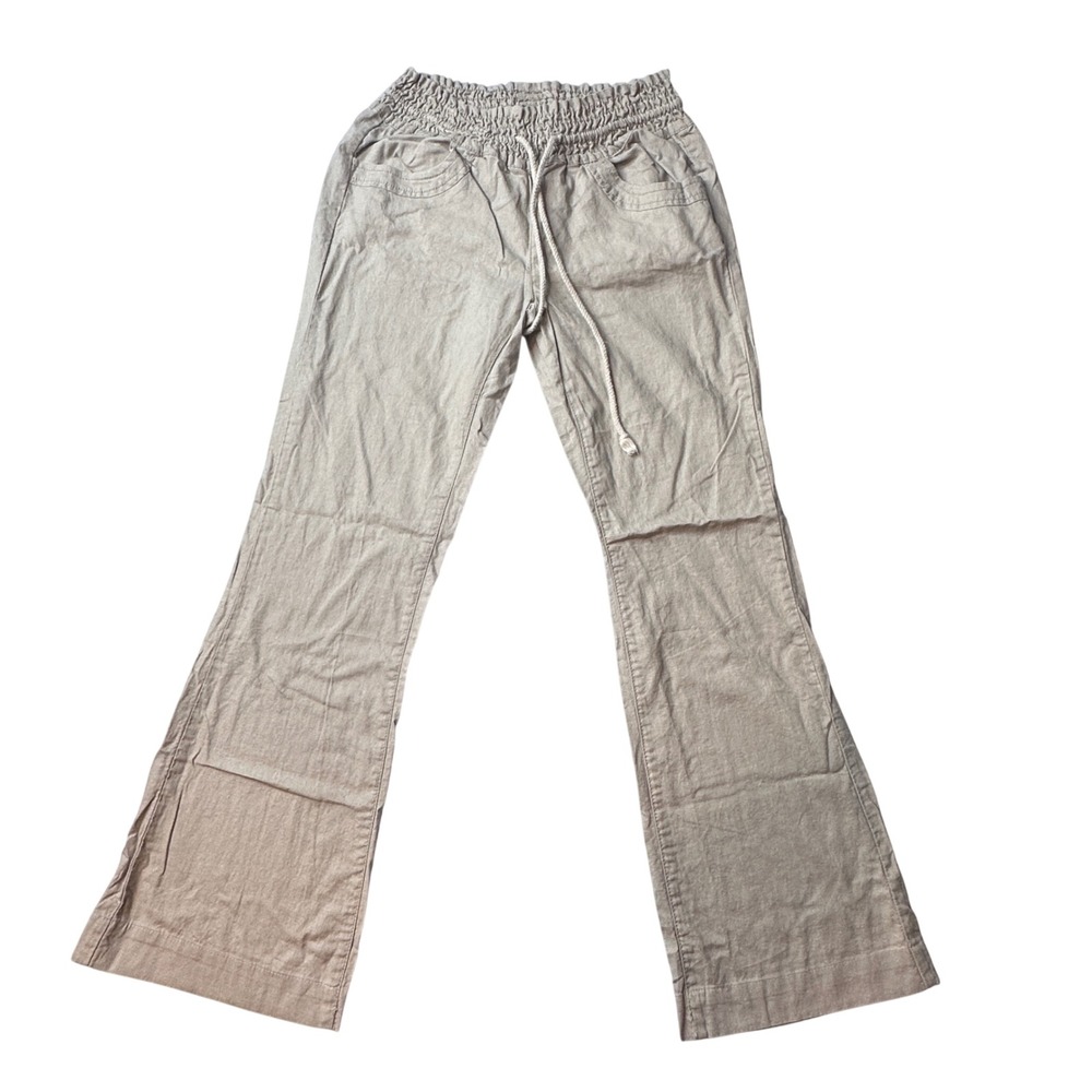 Freestyle Revolution Pants Womens M Tan Linen Blend Flare Smocked Drawstring